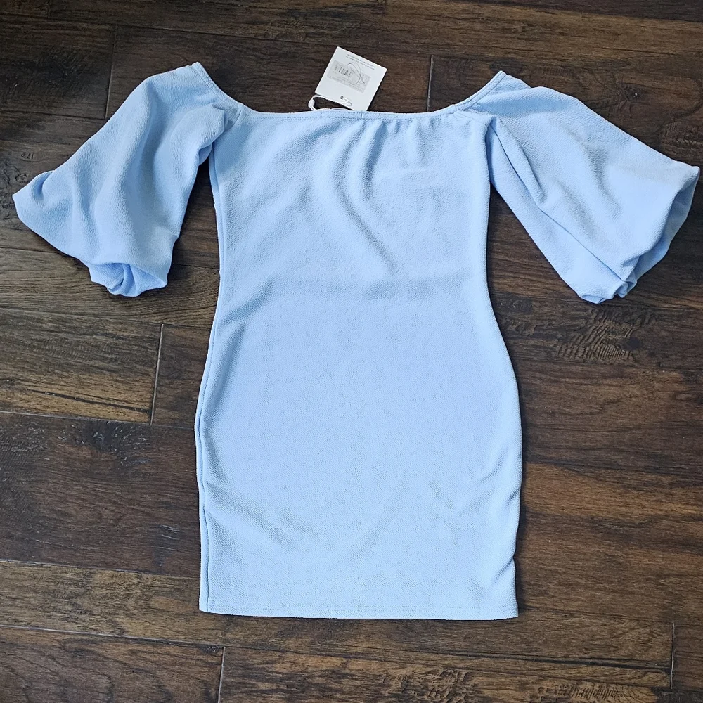 Balloon Sleeve Powder Blue Mini Dress 4 - Picture 5 of 6